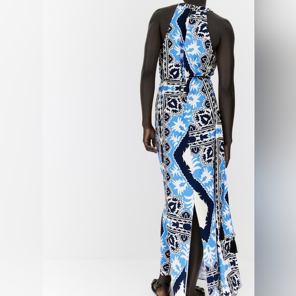 H&M Tie-belt Scarf Prints Dress long  maxi Cream/blue Patterned BNWT - Picture 2 of 14